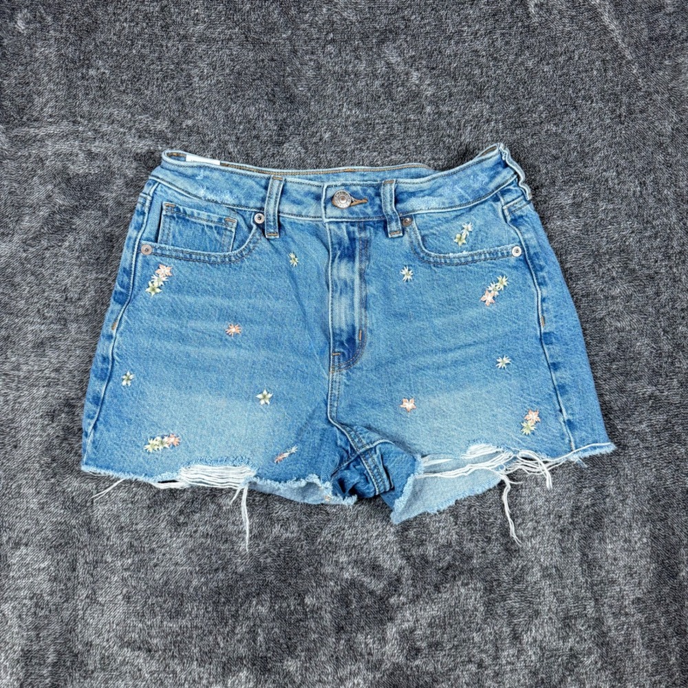 American Eagle Floral Embroidered Denim Shorts Womens Size 0 Distressed Raw Hem